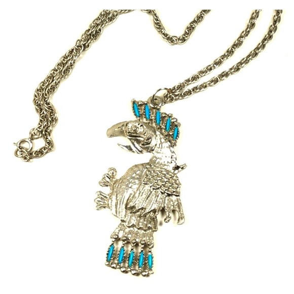 mens Silver Bird of Prey Necklace Turquoise feathers Statement Pendant boho fit - Picture 2 of 5
